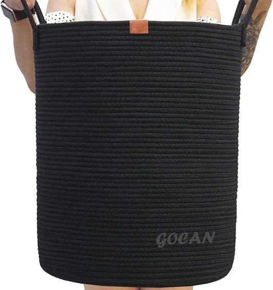 large tall sturdier Laundry Hamper Basket Woven Storage Baskets for clothes Pillows Blanket Toy in living or bed room decoration H50XD38cm black