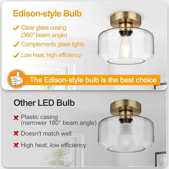 Industrial Semi Flush Mount Ceiling Light Brass, 800 Lumen LED Bulb Included, Clear Glass Shade Ceiling Light Fixture, Light Fixture for Hallway Bathroom Bedroom, Vintage Hanging Lighting