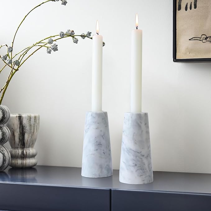 HofferRuffer Marble Candlestick Holders，Set of 2 Natural Stone Candle Holder Decorative Candle Stands for Wedding, Dinning, Party, Table Centerpieces, Fit 3/4'' Thick Taper Candles (Grey White)