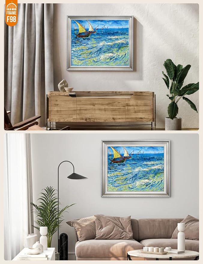 DECORARTS - Fishing Boats At Sea - Vincent Van Gogh Giclee Prints w/Antique Brown Frame for Wall Decor.