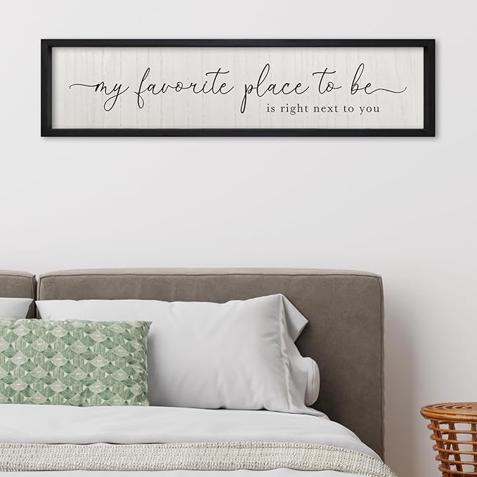 Love Quotes Wall Decor My Favorite Place To Be Sign 32"×8" Couples Love Theme Plaque Modren Farmhouse Master Bedroom Above Over Bed Wood Framed Wall Art (Black)