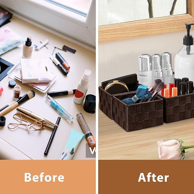 Posprica Woven Storage Baskets for Organizing 6 Pack, Large&Small Storage Cube Bins Set for Bathroom, Storage Boxes Container for Drawer, Closet, Shelf, Dresser, Brown