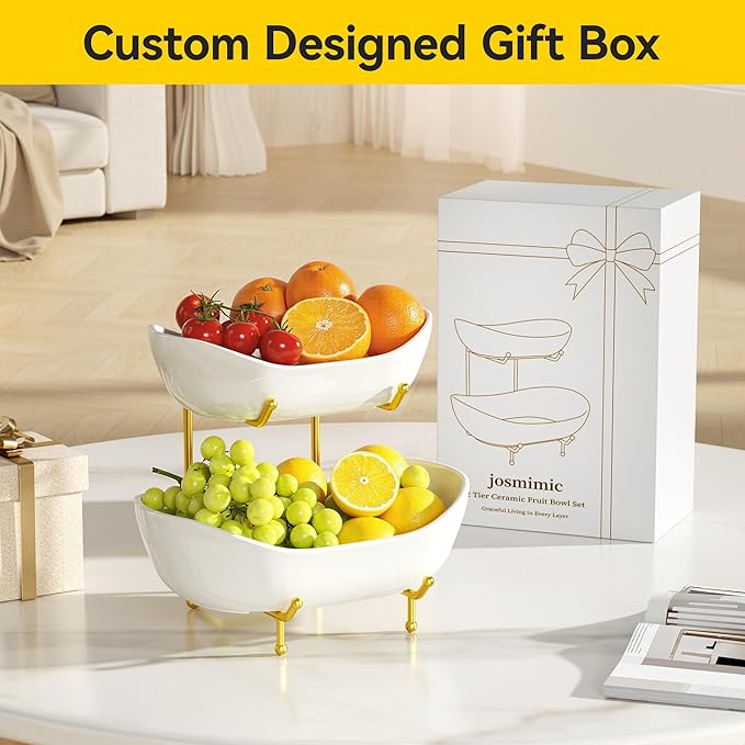 2 Tier Ceramic Fruit Bowl with Metal Stand – Tiered Fruit Stand for Kitchen Countertop, Serving Tray for Snacks, Nuts, Cakes, Desserts, Bread, Candy Storage, Gold
