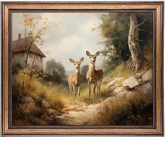 Framed Vintage Wall Art Classical Oil Painting Canvas Print Deers Country Road Bedroom Living Room Wall Decor (Deers, 10L x 8W)