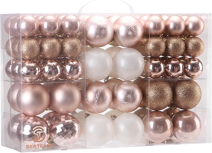 Sea Team 86-Pack Shatterproof Rose Gold Christmas Ball Ornaments Set, Assorted Multi-Sized Hanging Baubles, Xmas Tree Decorations, Seasonal Décor for Holiday Wreath Garland, Hooks Included