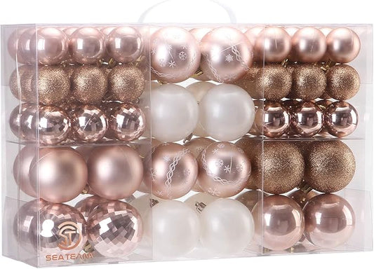 Sea Team 86-Pack Shatterproof Rose Gold Christmas Ball Ornaments Set, Assorted Multi-Sized Hanging Baubles, Xmas Tree Decorations, Seasonal Décor for Holiday Wreath Garland, Hooks Included