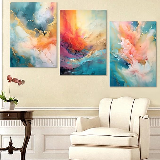 Abstract Canvas Framed Wall Art for Living Room 3 Piece Colorful Painting Poster Rendering Picture Wall Decor Artwork for Modern Home Bedroom Hotel Workplace Gym Ready to Hang [60''Wx28''H]