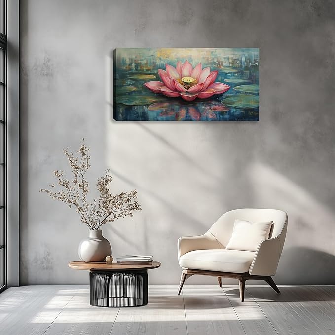 Large Zen Pink Lotus Canvas Wall Art Flower Picture Wall Decor Painting Artwork Framed for Bedroom Living Room Kitchen Yoga Room Office Home Decor 40L x 20W