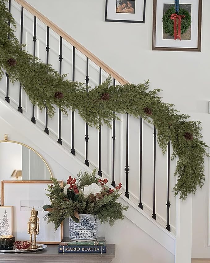 6FT Christmas Garland with Pinecones, Artificial Faux Pine Garland Green Garlands, Soft Bendable Cedar Garland for Table Mantel Wall Stairs Railing, Indoor Outdoor Xmas Decorations, Holiday Decor