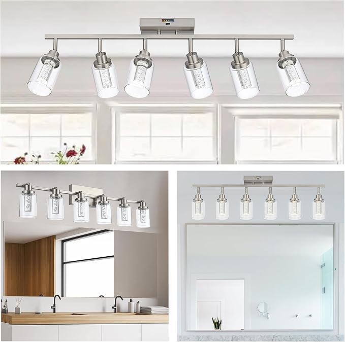 MELUCEE 5-Color Temperature 6 Light LED Track Lighting Kit, LED Track Lighting Fixtures Brushed Nickel Ceiling Spotlighting Vanity Lights with Flexibly Rotatable Light Head, Built-in LED Chips