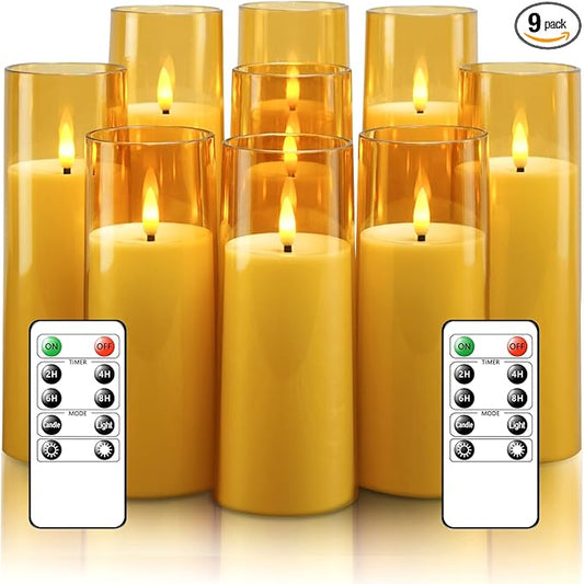 Flickering Flameless Candles Battery Operated with Remote and 2/4/6/8 H Timer Plexiglass Led Pillar Candles Pack of 9 (D2.3 xH 6" 7" 8") with Realistic Moving Wick Candles for Home Decor(Gold)