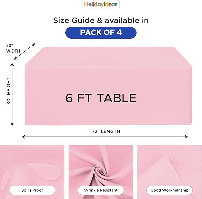 HolidayIdeas Fitted Tablecloths for 6 Foot Rectangle Table, Wrinkle Resistant Washable Table Cover 30x72 Inch for Vendor Booth Display, Banquet, Trade Show, Pink, 4 Pcs