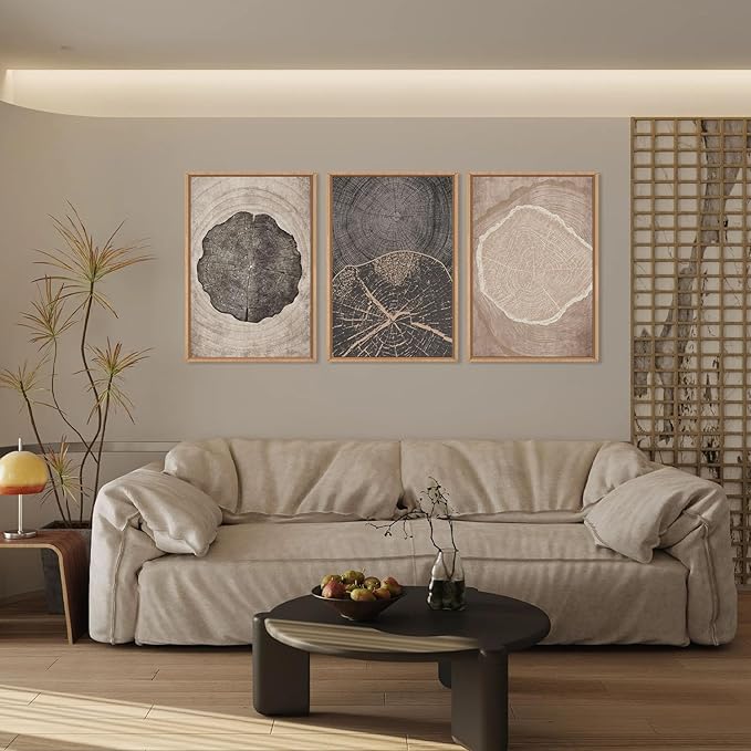 HOURIA Neutral Brown Tree Rings Framed Canvas Wall Art Set,Modern Beige Tan Wood Stump Wall Decor,Vintage Abstract Tree Spiral Art Print,Nature Black Artwork for Living Room,Bedroom,Office- 16"x24"x3