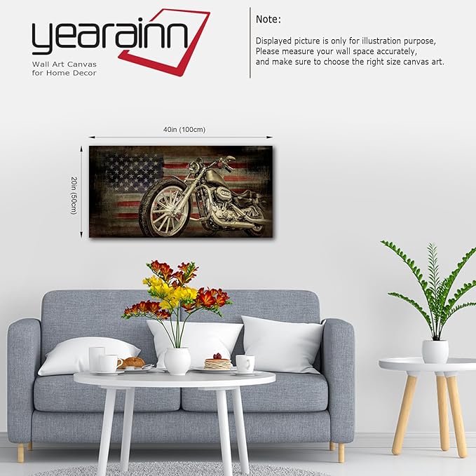 yearainn American Flag Motorcycle Wall Art - Vintage Map of USA Pictures Retro Motorcycle Wall Decor American Freedom Ride Canvas Painting Print Modern Classic Artwork for Home Office Decor 20" x 40"