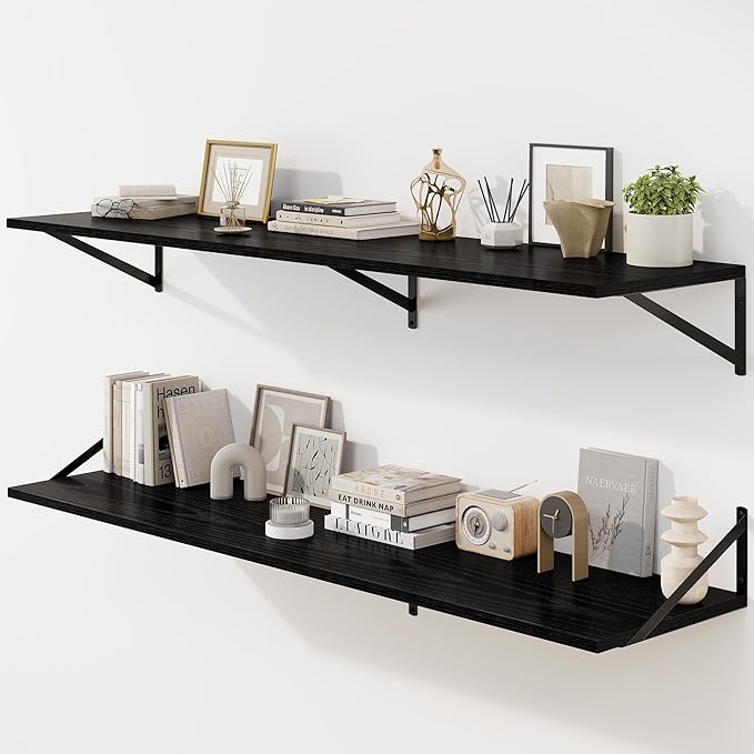 Fun Memories Floating Shelves for Wall, 12 Inch Deep Floating Shelves Set of 2, 55W x 12D Large Wall Shelf with Sturdy Metal Brackets for Living Room, Bathroom, Bedroom and Kitchen, Black