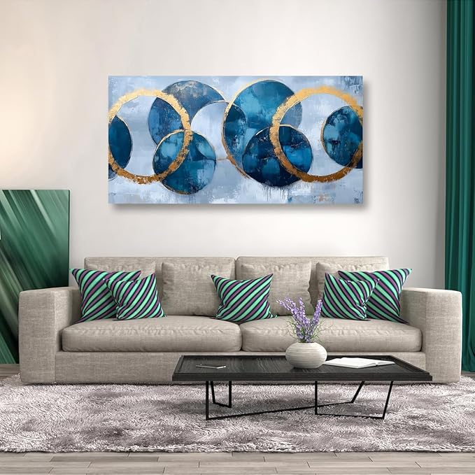 Abstract Pictures Canvas Wall Art for Living room Office Bedroom Wall Decor, Ring Wall Art Print Paintings Modern Blue Golden Abstraction Artwork Waterproof Ready to Hang-20x40inch