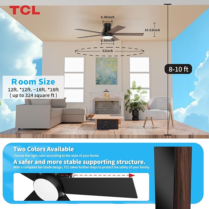 TCL 52" Black Ceiling Fan with Light and Remote, Modern LED 3-Color, 3CCT, Quiet Motor for Bedroom, Living Room, Dining Room, Ceiling Fans with Lights (Black)
