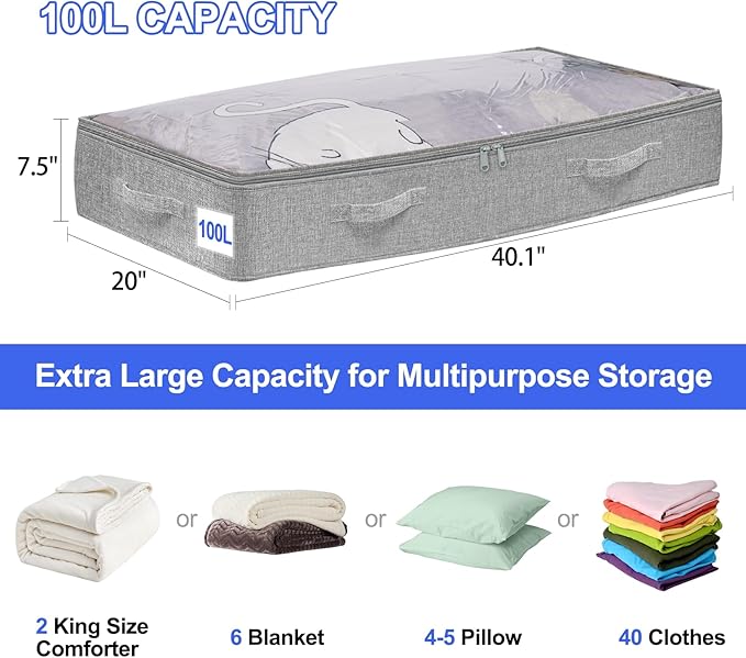 punemi 6-Pack Under Bed Storage Bags (No Support) - 100L Extra Large, Foldable Zipper Storage Containers for Blankets, Clothes & Comforters - Fabric Bins with Lids for Dorms, Closets & Organizing