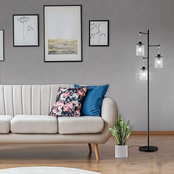 beaysyty Art Decor Crystal Black Floor Lamp 3-Light Contemporary Crystal Lampshade for Living Room,Bedroom,Office