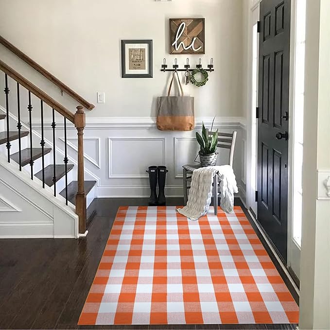 SEEKSEE Cotton Buffalo Plaid Rug 4'x6' Orange and White Checked Rug Washable Doormats Indoor Outdoor Rugs for Layered Front Door Mats, Porch, Kitchen, Farmhouse, Entryway
