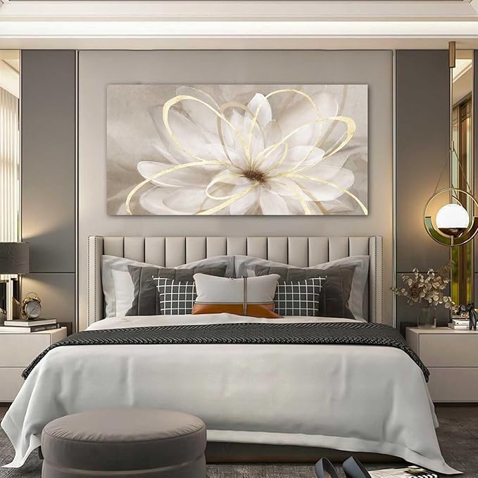 Kureful Gold Wall Decor Floral Canvas Wall Art Flower Pictures for Wall Grey Background Office Wall Decorations 24"x48" Art for Home Kitchen Hotel