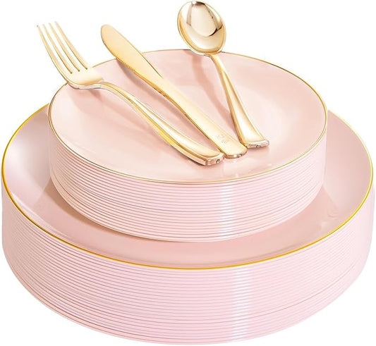 YOUBET 125PCS Pink Plastic Plates - Pink Disposable Plates With Gold Rim - Pinks and Gold Plates Include 25 Dinner Plates, 25 Dessert Plate, 75 Cutlery for Party Wedding Birthday