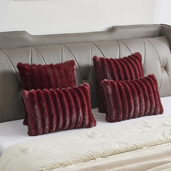 FUTEI Burgundy Decorative Throw Pillow Covers 20x20 Inch Set of 2,Soft Fluffy Faux Mink Fur Dyeing Striped Textured Cushion Case,Modern Home Decor for Couch Bed Living Room