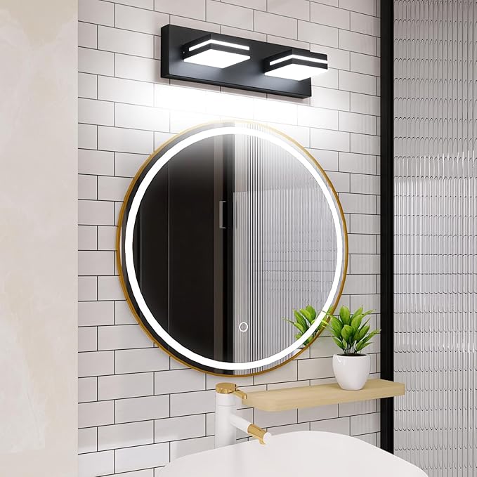 SineRise LED Modern Bathroom Vanity Light Fixtures (2-Light, 15.5-Inch), Matte Black Modern Acrylic Bathroom Wall Lighting Fixtures Over Mirror (Cool White 6000K)