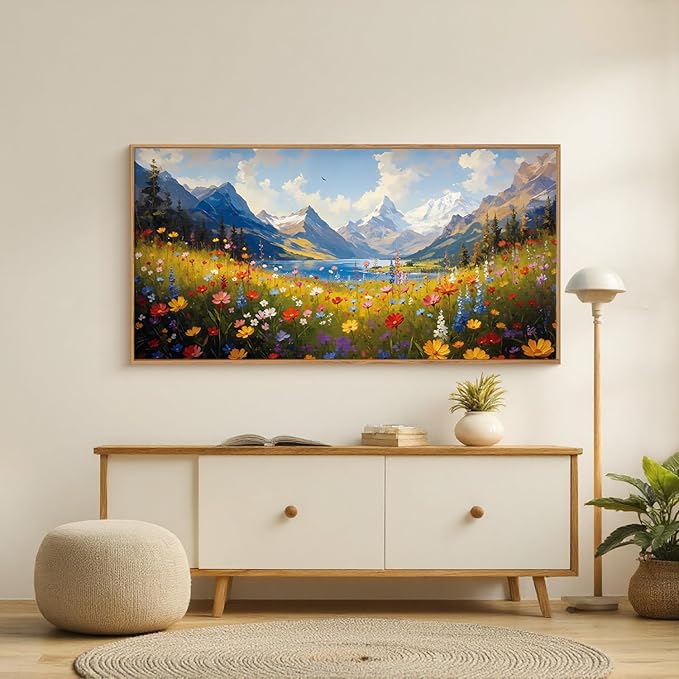 HOURIA Colorful Wildflower Mountain Framed Canvas Wall Art Set,Blue Sky Lake Green Tree Grass Wall Decor,Nature Flower Artwork,Field Scenery Art Prints for Living Room,Bedroom,Farmhouse- 20"×40"×1