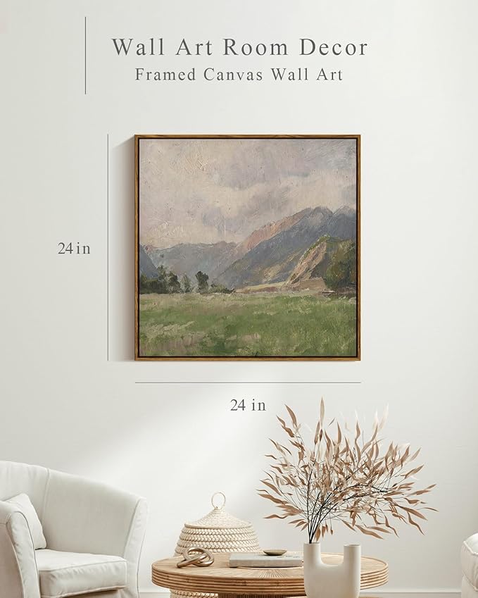 InSimSea Square Framed Canvas Wall Art, Large Decor Retro Prairie Mountain Landscape Paintings, Nature Scenery Wall Pictures for Bedroom Living Room, Canvas Prints Vintage Decor 24"x24"