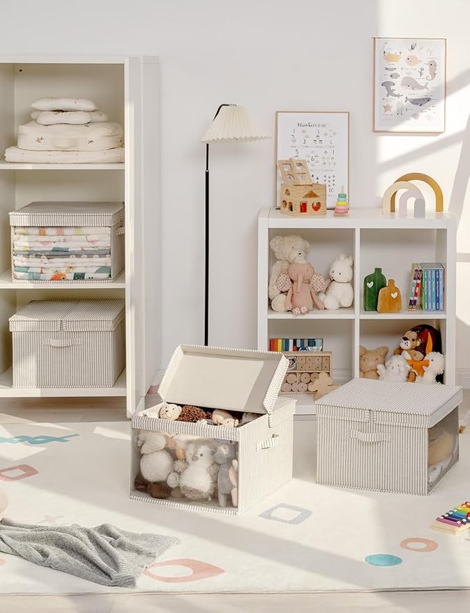 StorageWorks Storage Bins with Lid and Clear Window, Fabric Storage Boxes with Lids, Stackable Basket for Shelves, Closet Organizer and Storage Bins, Gray and White Stripes, Jumbo, 4-Pack