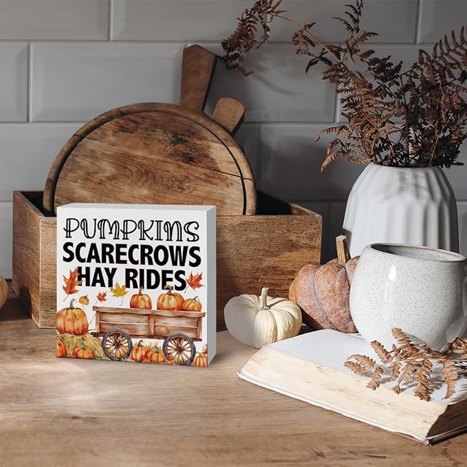 Autumn Wood Sign, Autumn Thanksgiving Wooden Decor, Tabletop Decor, Farmhouse Home Decors for Living Room, Office Decors, Decorative Wooden Box Sign, Pumpkins Scarecrows Hay Rides Signs A5