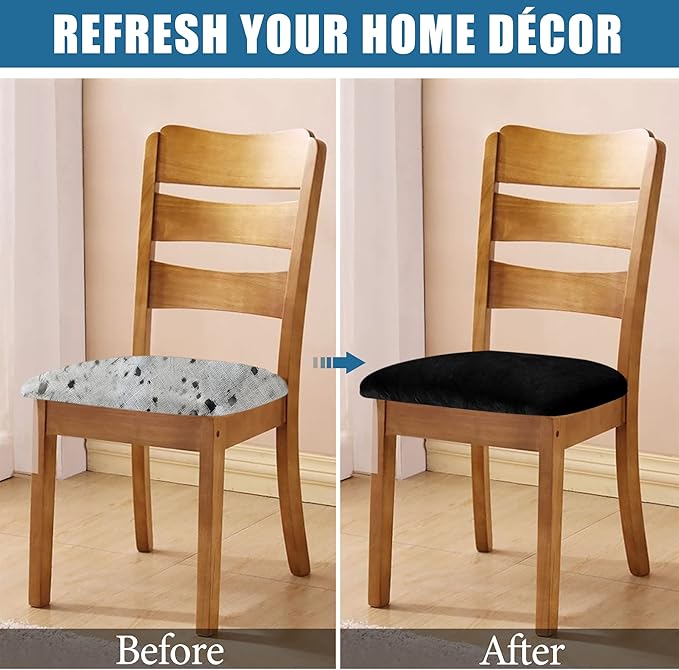 Smiry Velvet Seat Covers for Dining Room Chair Set of 4, Stretch Fit Removable Washable Chair Seat Cushion Protector Slipcovers with Ties, Black