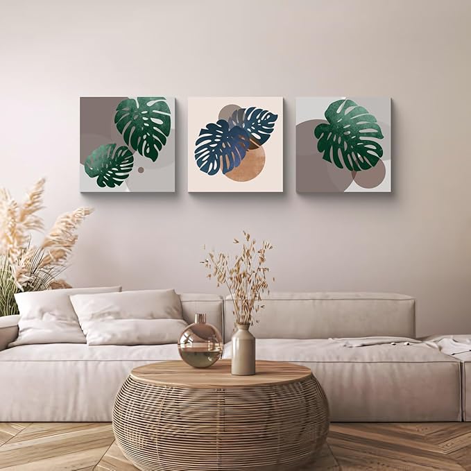 NAN Wind 3Pcs Tropical Leaf Wall Art Palm Frond and Foliage Canvas Print with Bold Orange Teal Yellow Shapes Mid-Century Modern Botanical Plant Pictures for Boho Living Room Bedroom Office Wall Decor