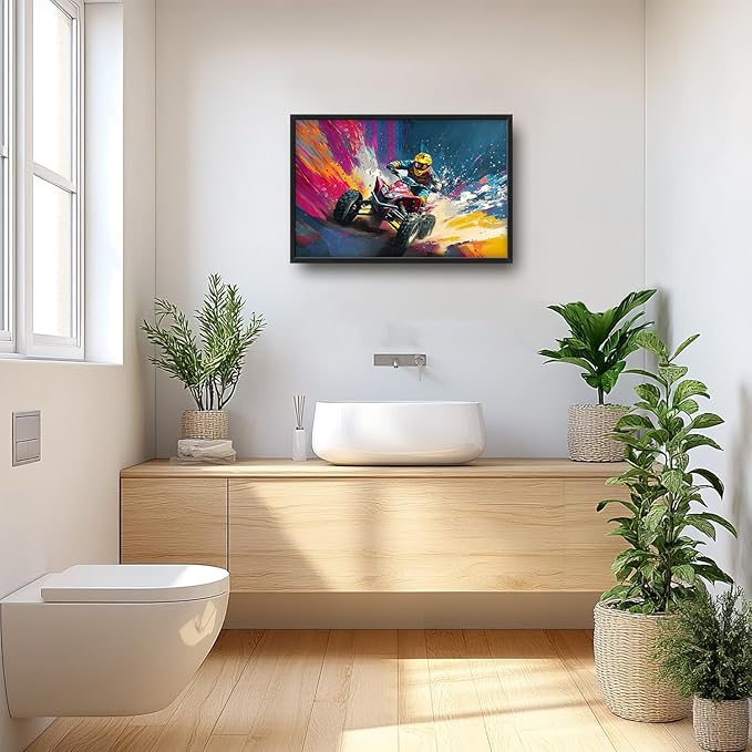 Flintis Large Kart Racing Framed Wall Art Racing Car Pictures Wall Decor Abstract Colorful Race Car Canvas Painting Print Artworks Decor Framed for Living Room Bathroom Master Bedroom 36L X 24W