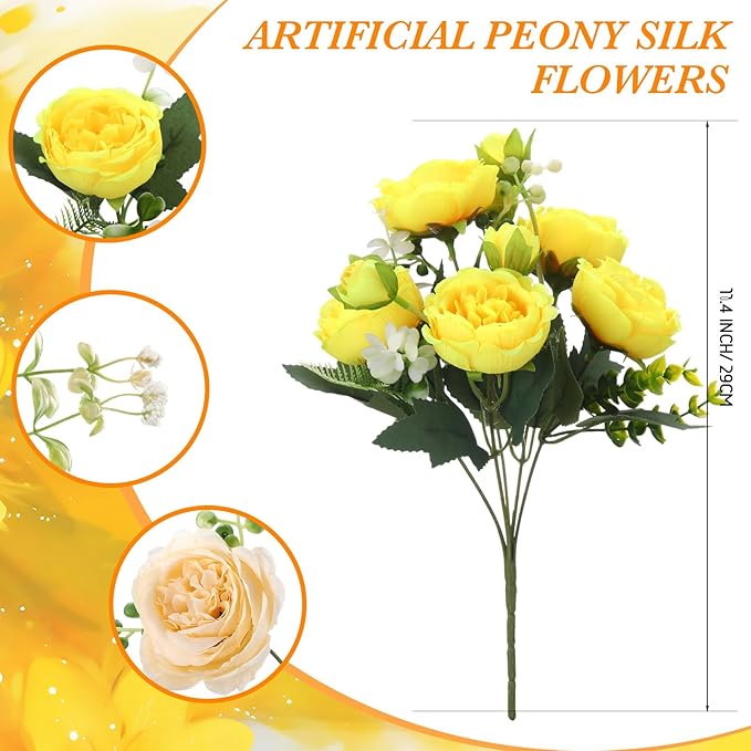 Geosar 16 Bundles Artificial Peonies Flowers Fake Silk Peony Bouquet Faux Peonies Flowers Bulk for Decoration Vase Florals Arrangements Wedding Party Table (Yellow,Champagne)