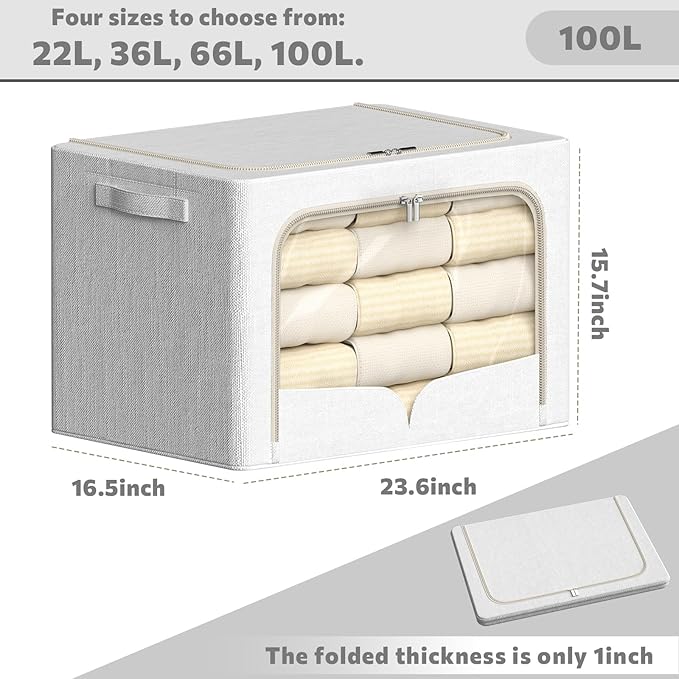 3 Pack Clothes Storage Bins Foldable Metal Frame Storage Box Stackable Linen Fabric Container Organizer Set with Carrying Handles and Clear Window (Cream White, 23.6x16.5x15.7inch(100L))