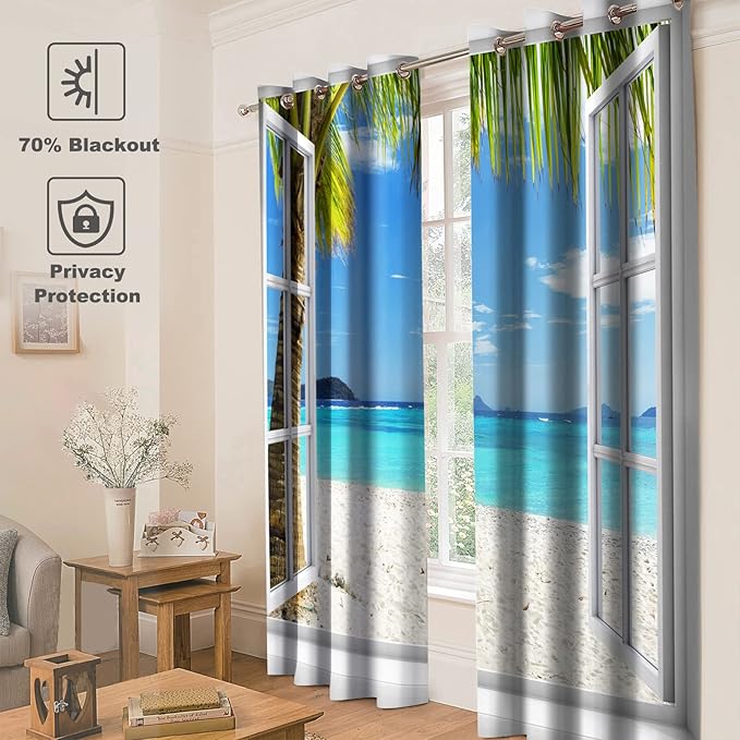 Jekeno Ocean Beach Palm Trees Blackout Curtains Summer Tropical Island Decor Seaside White Wooden Window View Print Grommet Window Drapes for Bedroom Living Room 2 Panel Set, 52"x84"