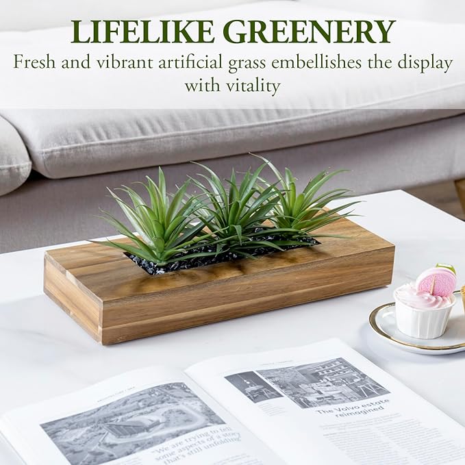 MyGift 15 Inch Large Artificial Green Grass Plants in Premium Acacia Solid Wood Decorative Planter, Tabletop Faux Greenery Decor with Wooden Rectangular Container