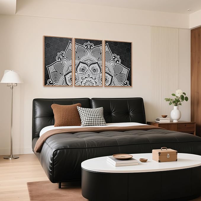 CHDITB Lotus Flower Framed Canvas Wall Art Set, Mandala Wall Decor for Yoga Room, Black and White Spiritual Wall Painting, Vintage Meditation Art Prints for Zen Living Room, Bedroom, Office 16"x24"x3