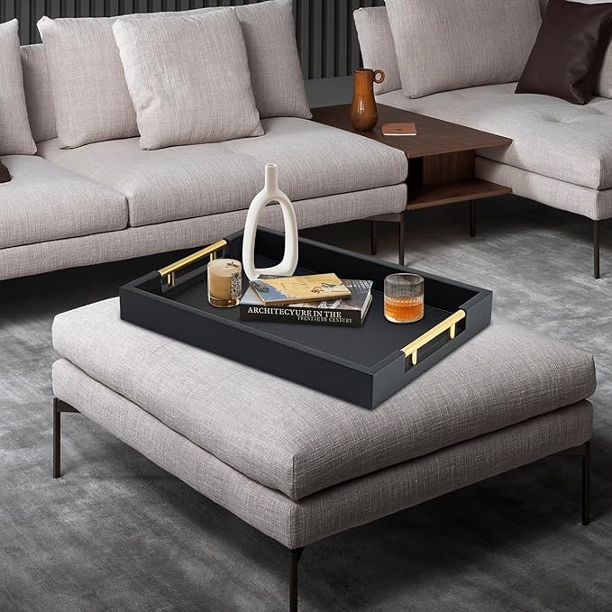 Black Rectangle Serving Tray with Gold Handles for Party,Large Wood Decorative Tray for Ottoman,Faux Leather Coffee Table Tray Decor