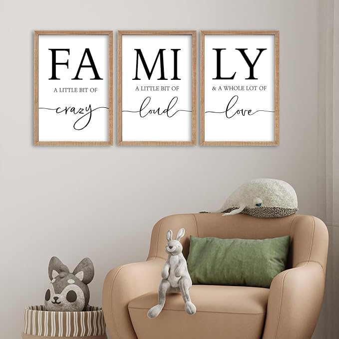 SRSZHIYUE Family Wall Art A Little Bit Of Crazy Loud Sign Wall Decor Art Set of 3 16"×11" Prints Wood Framed for Large Rustic Farmhouse Minimalist Living Room Entryway Wall Hanging (Wood)