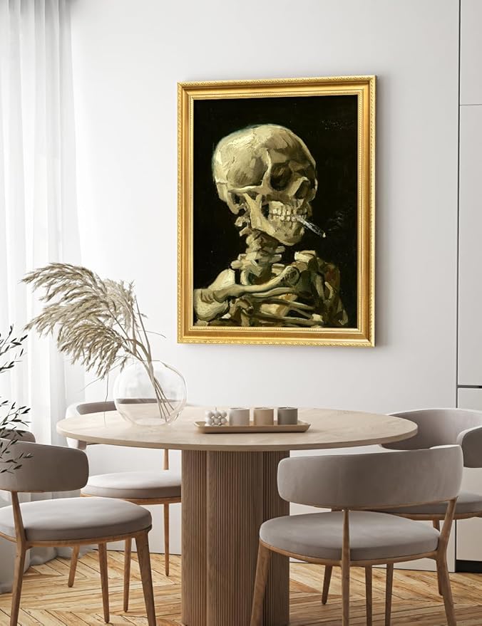 DECORARTS - Vincent van Gogh's Skull with Burning Cigarette, Museum-Quality Giclee Canvas Print in Gold Solid Wood Frame, 34.75 x 28.75 in, Ready to Hang, Made in USA