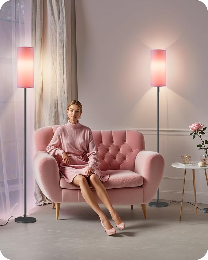 2 Pack Dimmable Pink Floor Lamps for Living Room with 2 Remotes and Foot Switch, Corner Floor Lamp, 64.4'' Standing Tall Lamp, 10W 900LM Bulb Included, 3000K-6500K, Linen Shade, FCC Listed P06LDP205W1