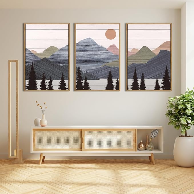 ANHUIB Mountain Wall Art 24x36 Inch Large Mountain Range Art Print Forest Painting Set of 3 for Living Room Bedroom Office