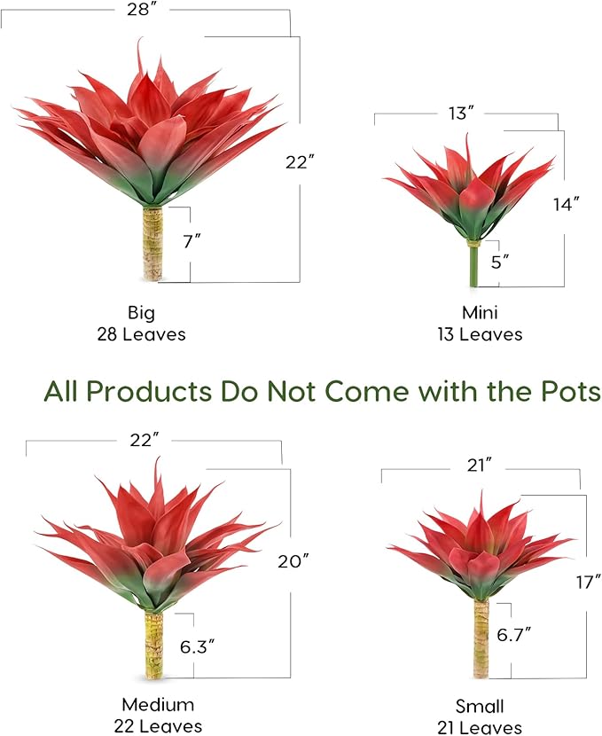 Velener Fall Fake Agave Artificial Plant, Red Fake Succulent Plant for Room Decor, Unpotted Faux Agave Stems Plant for Fall Outdoor/Indoor Decor, 28 inches, Set of 2
