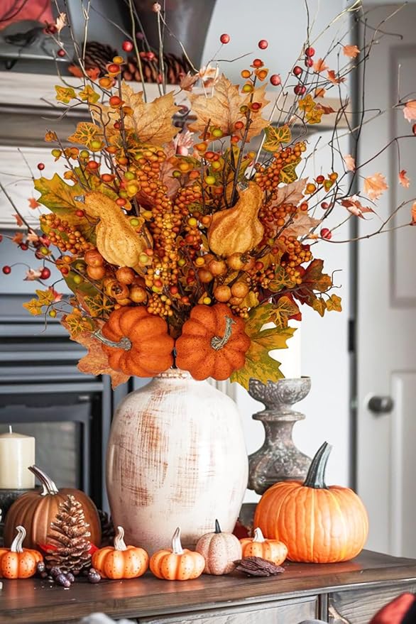 31.5" Artificial Fall Leaf Stems Autumn Leaves Decor, Fall Pumpkin Decorations for Home, 2 Pcs Artificial Berry Maple Leaf Floral Arrangement Long Stems Branches for Festival Vases Centerpieces Swags