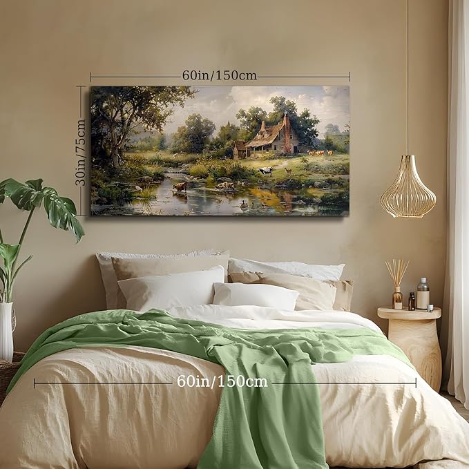 crmotu Large Wall Art for Living Room, Farm Landscape Canvas Painting, Riverside Forest Cottage Scenery Art Prints, Animal Cow Sheep Modern Farmhouse Bedroom Bathroom Pictures Wall Decor 30"X60"