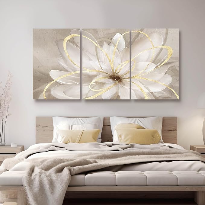 Kureful Gold Wall Art Pictures for Bedroom Flowers Wall Decor Floral Posters Art 3 Piece Wall Decorations Minimalist Decor for Walls 20"x 26"x 3