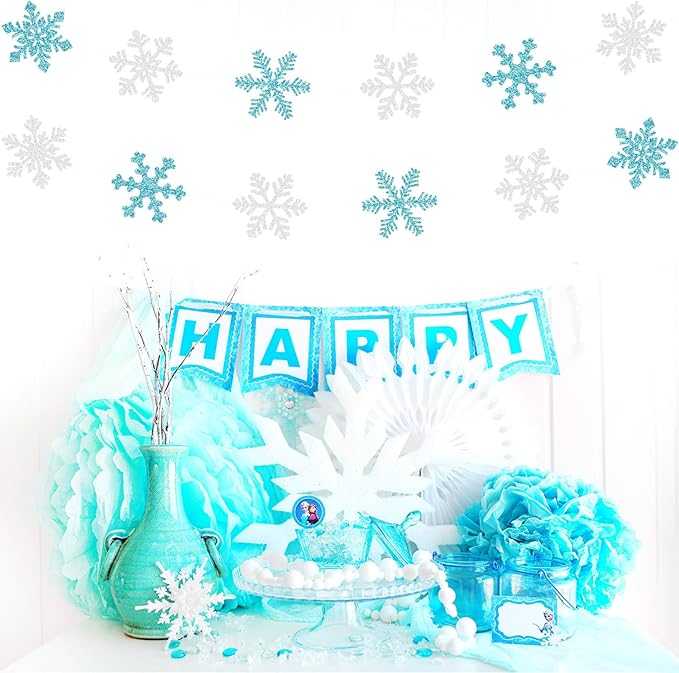 Snowflake-Snow Teal-Silver Christmas Party-Decorations Garland - 6pcs Winter Wonderland Girl Frozen Birthday Hanging Decoration Streamers Banner, Snow White New Year Supplies Holiday Decor Panduola